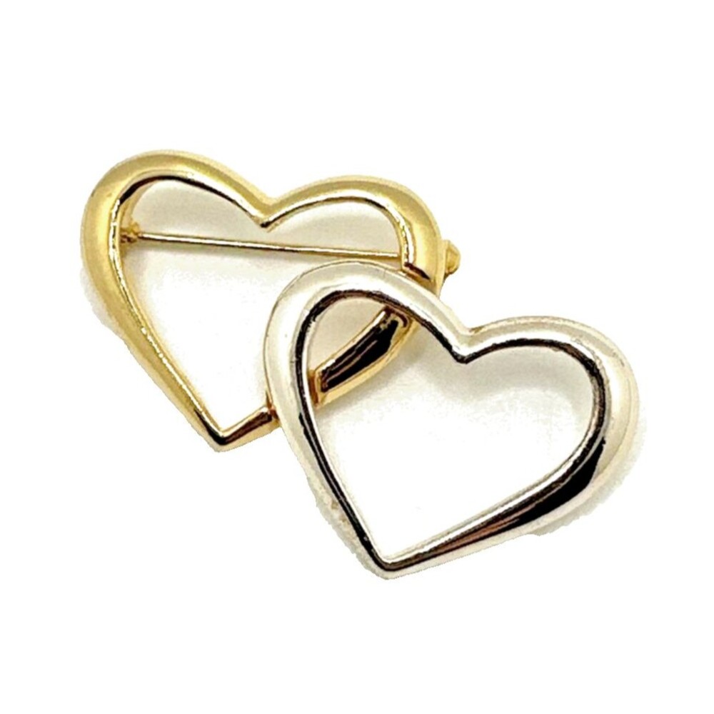 Vintage DANECRAFT  Gold Silver Tone Double Heart Brooch Statement Pin 2"